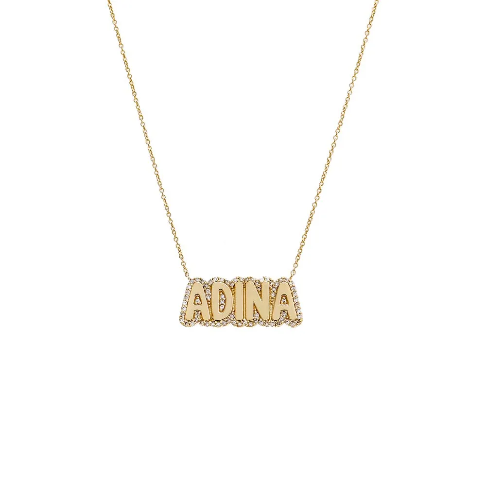 Diamond Pave Outlined Bubble Nameplate Necklace 14K sold by Adina Eden's