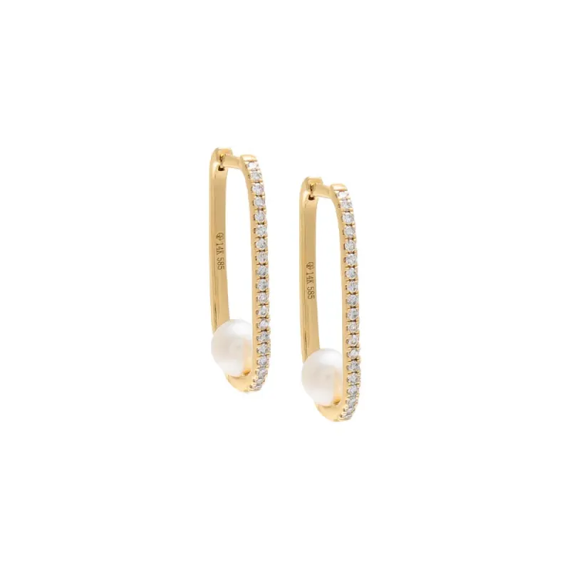 Diamond Oval Pavé Pearl Huggie Earring 14K sold by Adina Eden's
