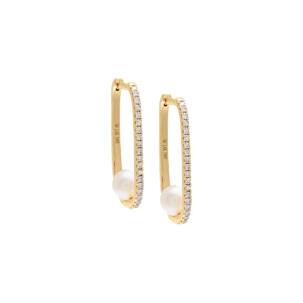 Diamond Oval Pavé Pearl Huggie Earring 14K sold by Adina Eden's