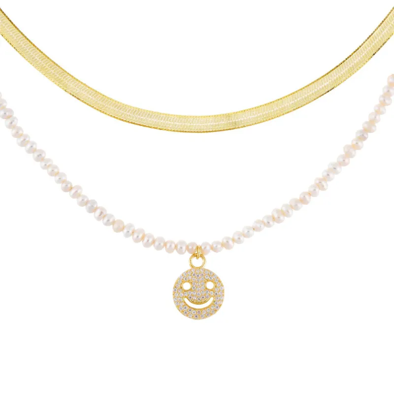 Smiley Face Pearl X Herringbone Necklace Combo Set sold by Adina Eden's