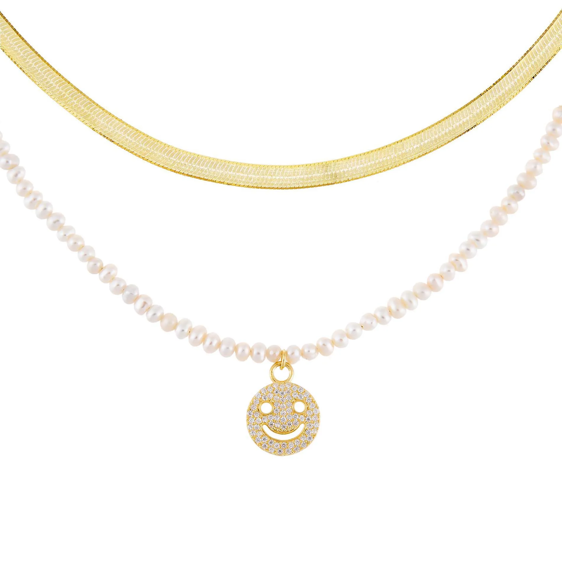 Smiley Face Pearl X Herringbone Necklace Combo Set sold by Adina Eden's