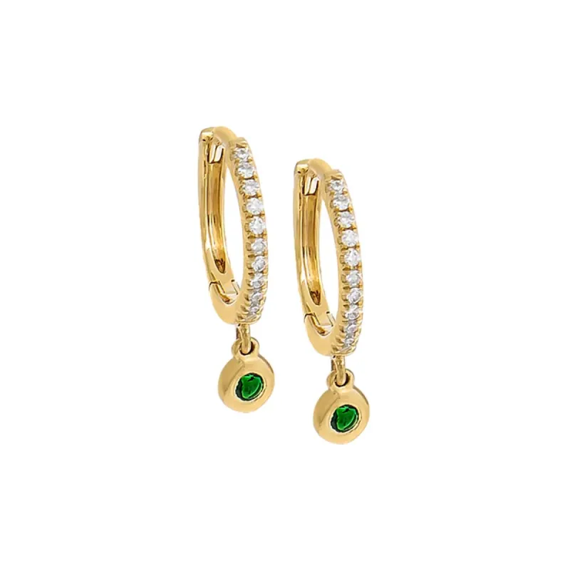 Diamond X Emerald Dangling Huggie Earring 14K sold by Adina Eden's