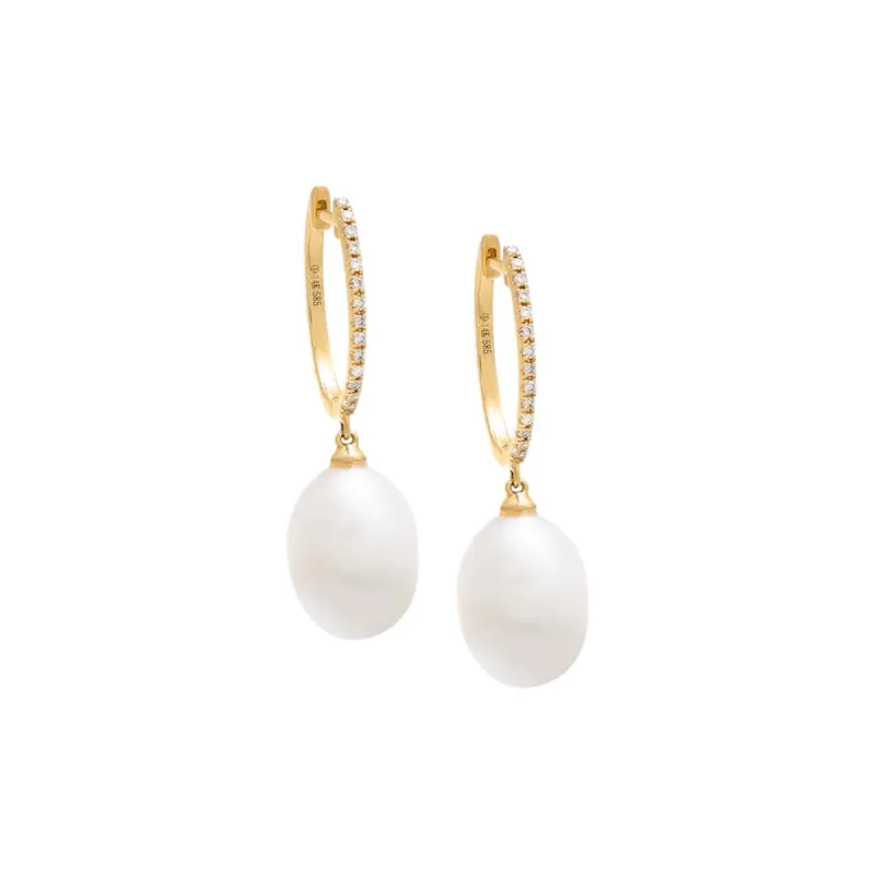 Dangling Pearl Oval Diamond Huggie Earring 14K sold by Adina Eden's