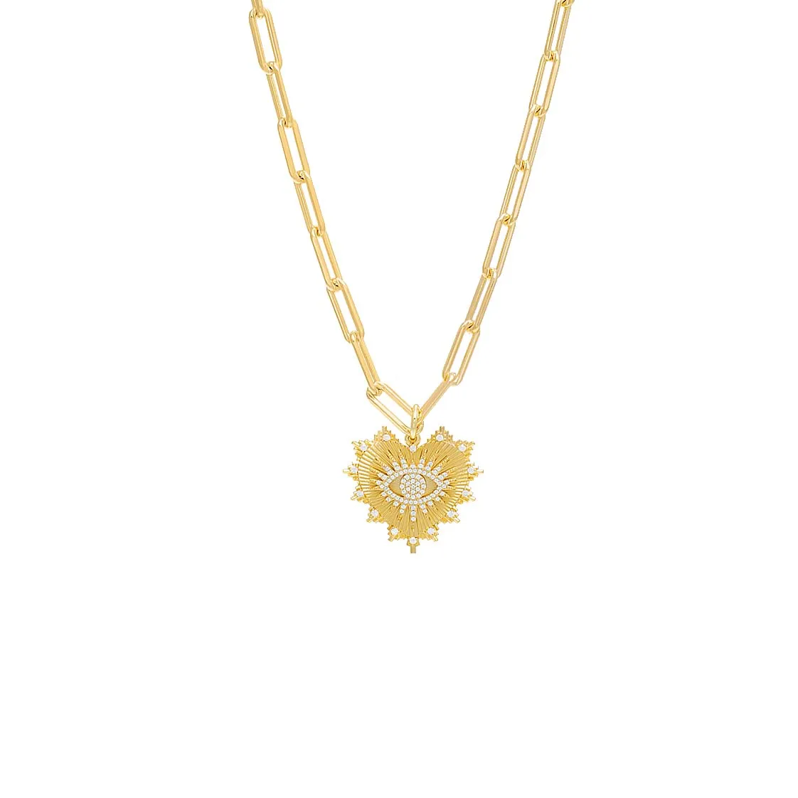 Pave Evil Eye Heart Medallion Paperclip Necklace sold by Adina Eden's