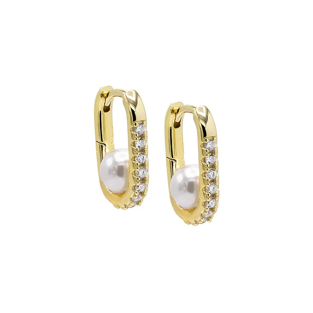 Pavé Oval X Pearl Huggie Earring sold by Adina Eden's