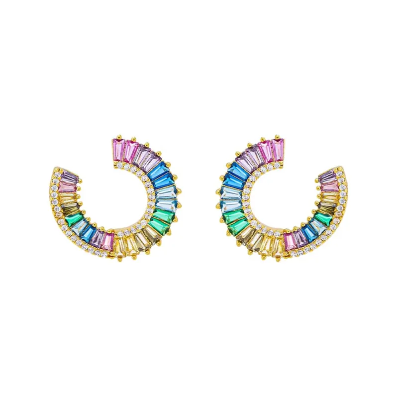 Multi Colored Pave X Baguette Round Loop Stud Earring sold by Adina Eden's