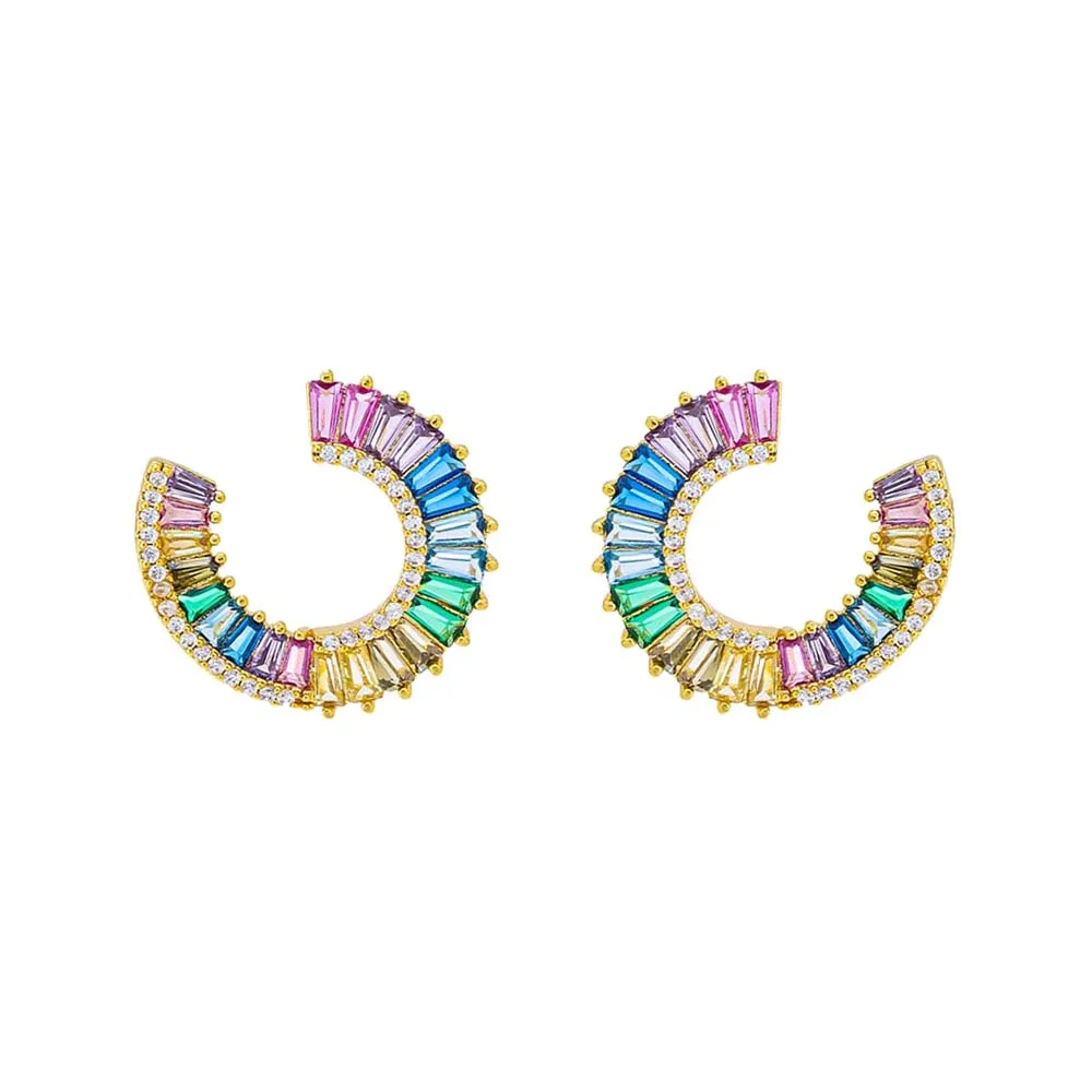 Multi Colored Pave X Baguette Round Loop Stud Earring sold by Adina Eden's
