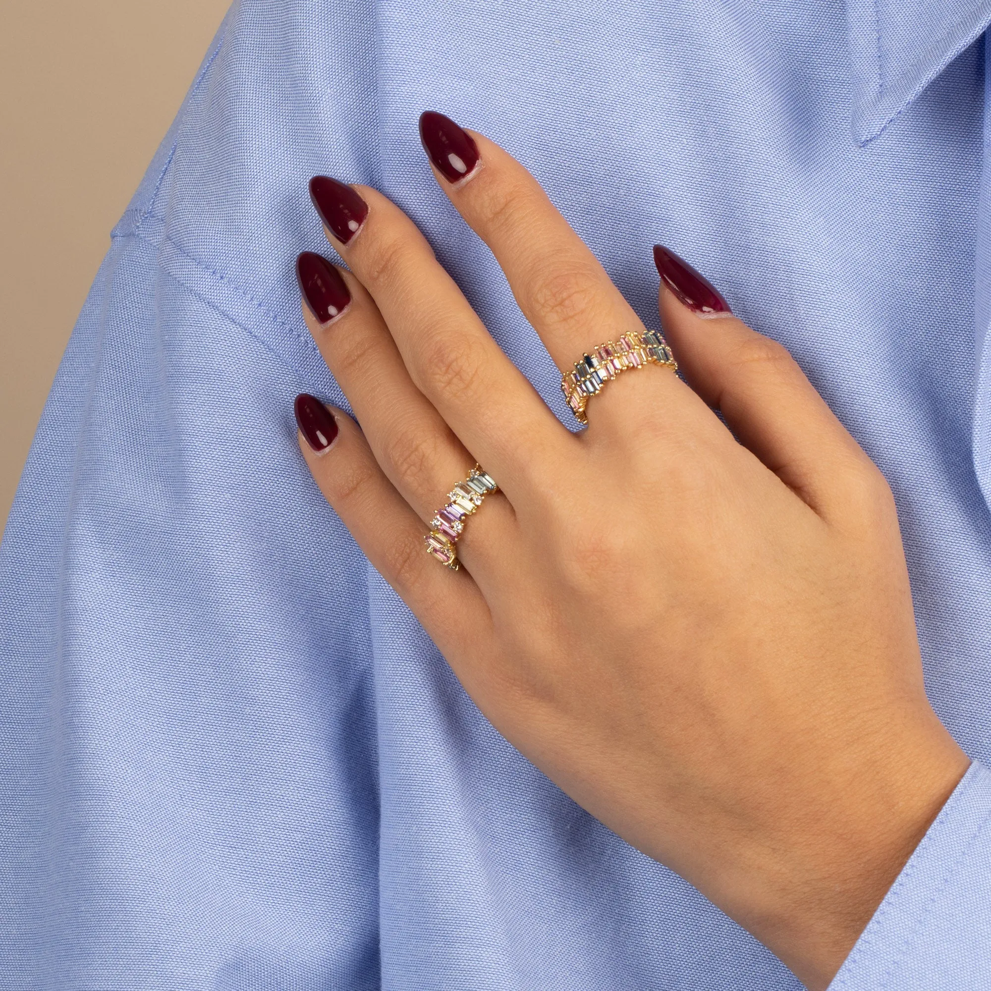 Pastel Solitaire X Baguette Band Ring sold by Adina Eden's product image thumbnail 3