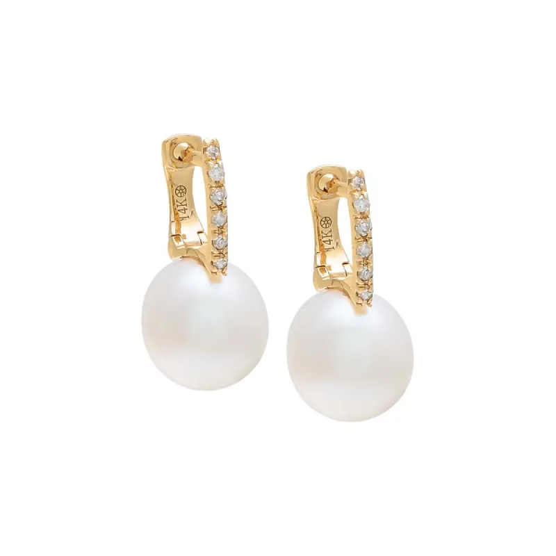 Diamond X Pearl Huggie Earring 14K sold by Adina Eden's