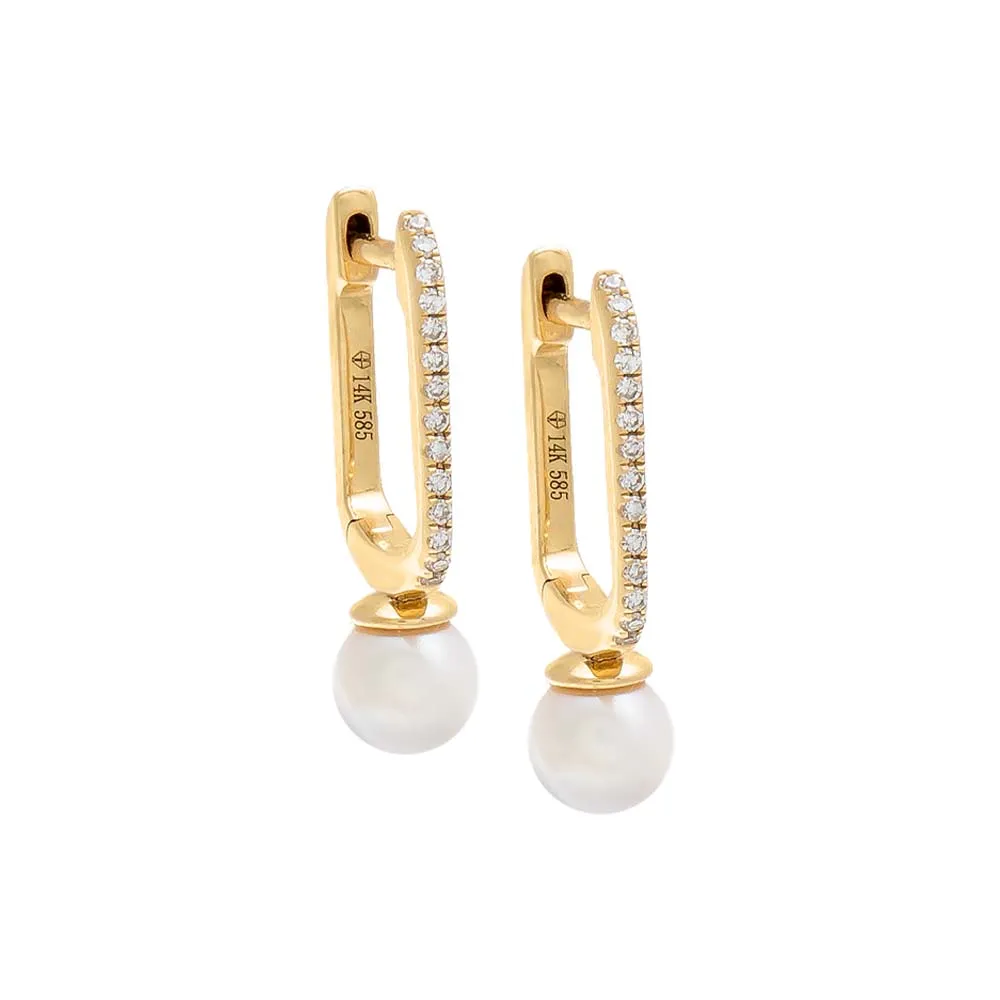 Diamond Square Pavé Pearl Huggie Earring 14K sold by Adina Eden's