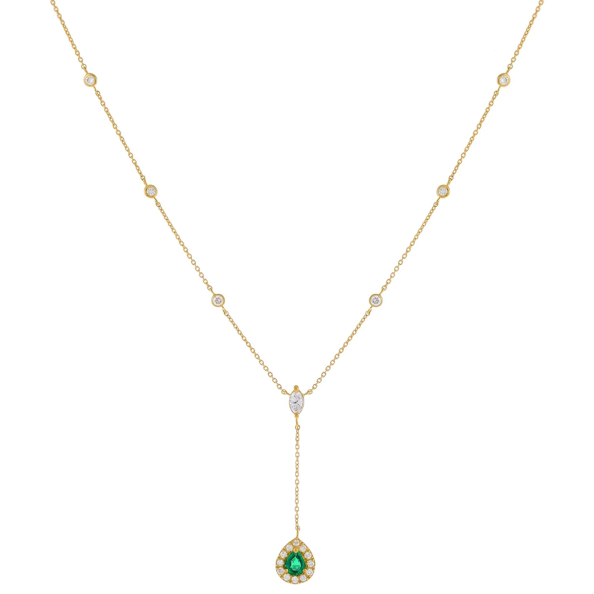 Diamond Emerald Teardrop X Bezel Lariat 14K sold by Adina Eden's