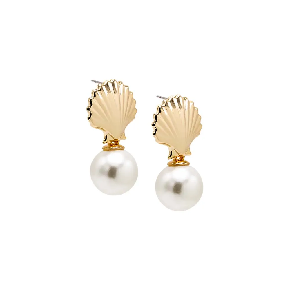 Solid Shell Dangling Pearl Drop Stud Earring sold by Adina Eden's