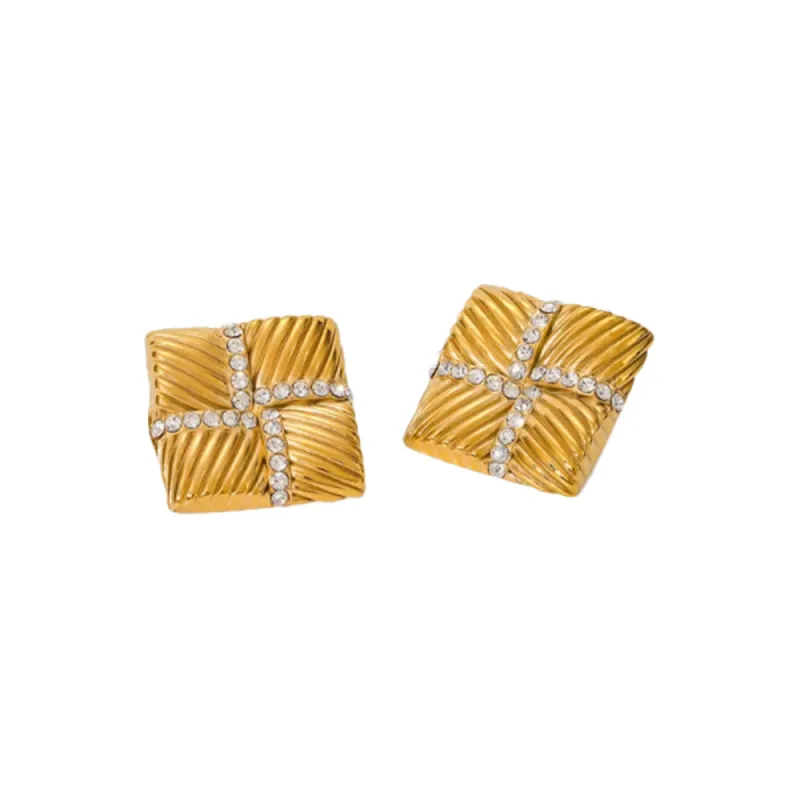 Pave Accented Ridged Square On The Ear Stud Earring sold by Adina Eden's