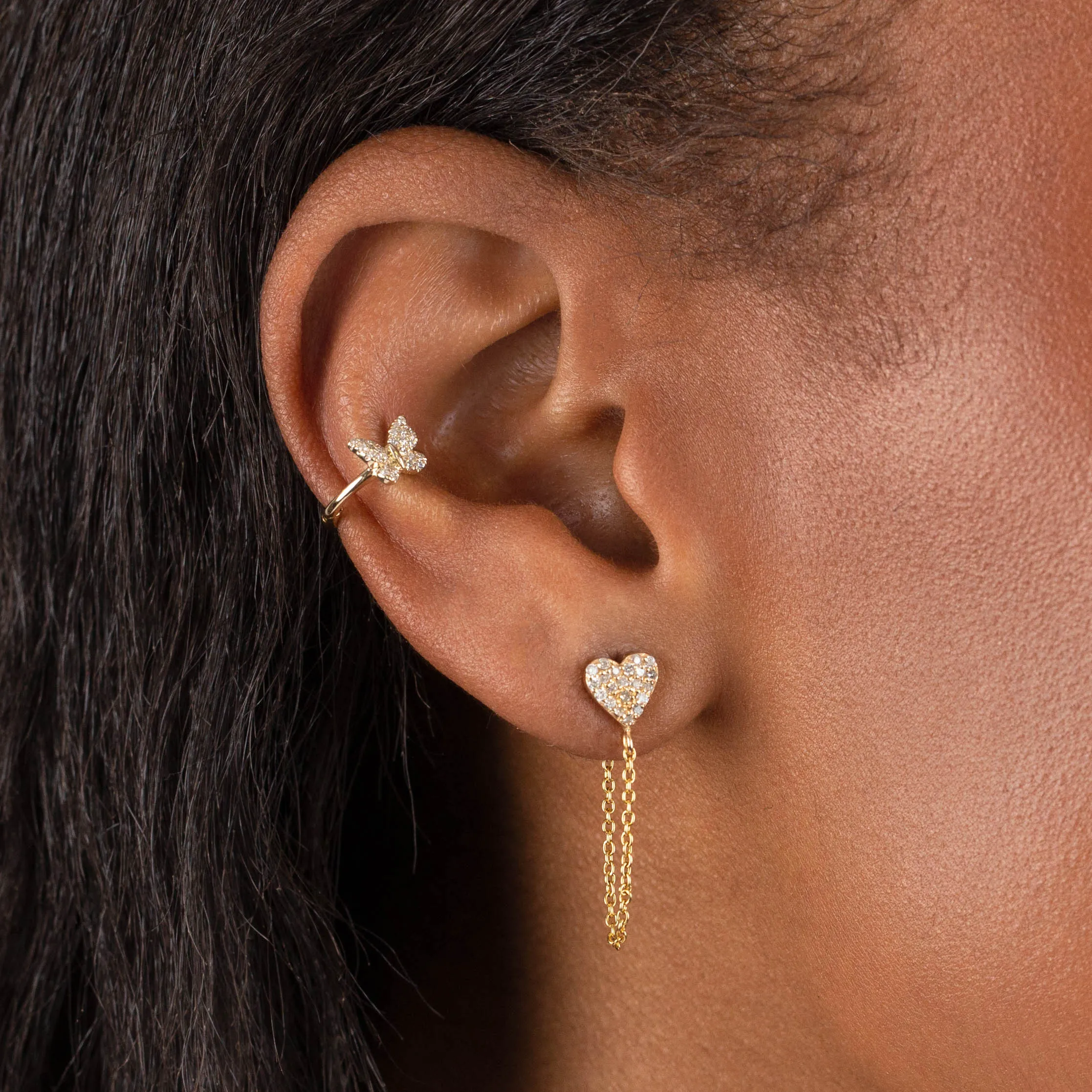 Pavé Diamond Heart Chain Stud Earring 14K sold by Adina Eden's product image thumbnail 2