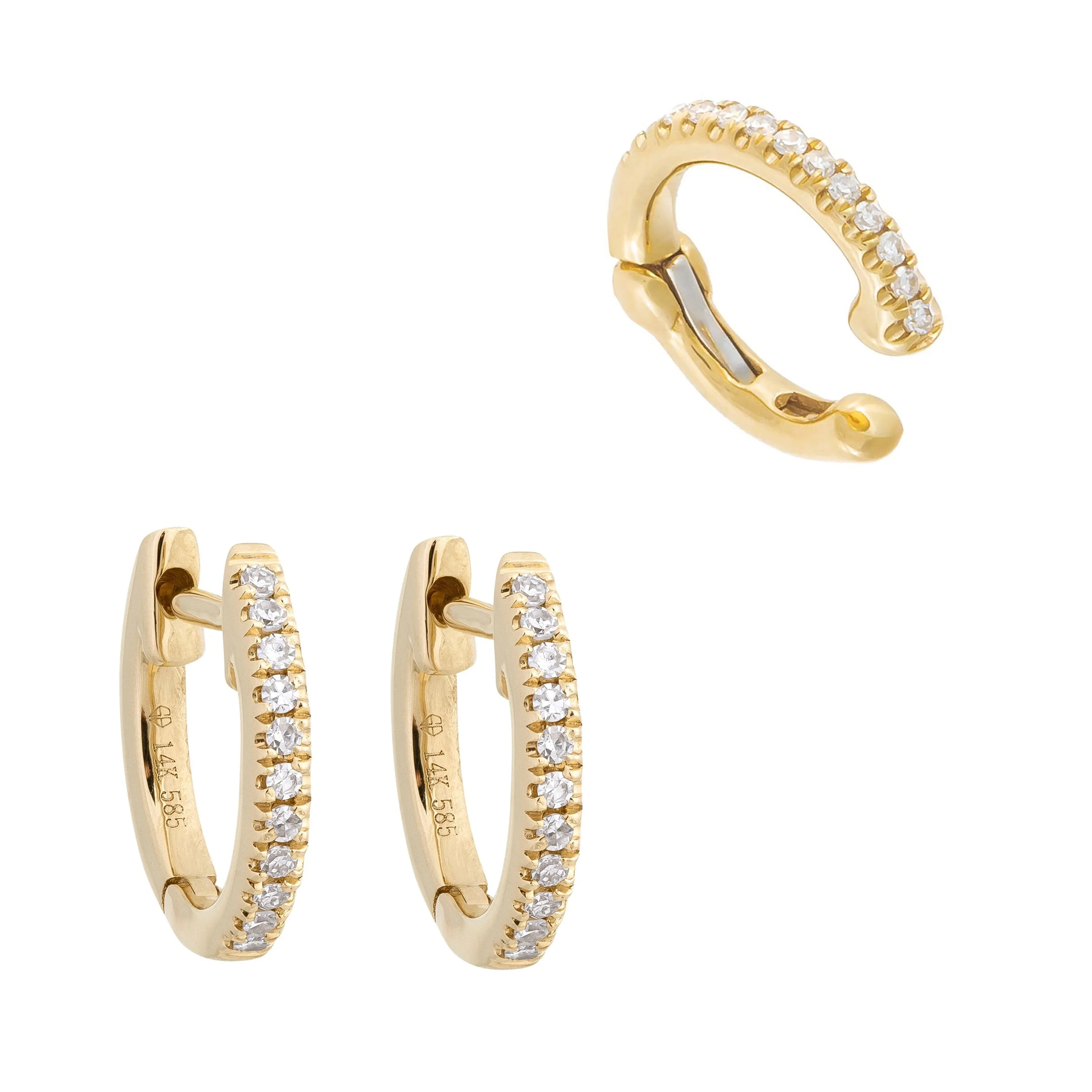 Diamond Ear Cuff X Huggie Earring Combo Set 14K sold by Adina Eden's