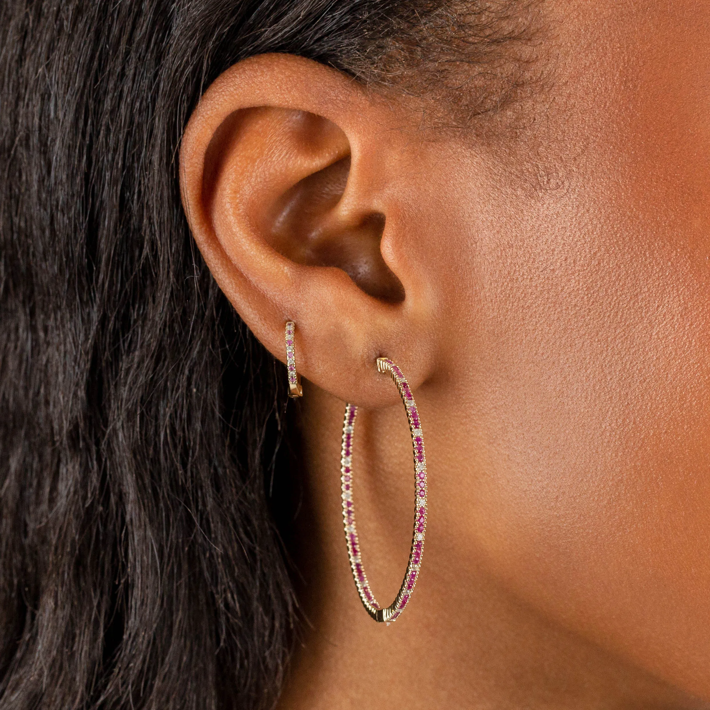 Diamond X Ruby Hoop Earring 14K sold by Adina Eden's product image thumbnail 2
