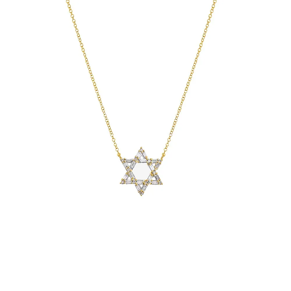 Diamond Solitaire X Baguette Star Of David Necklace 14K sold by Adina Eden's