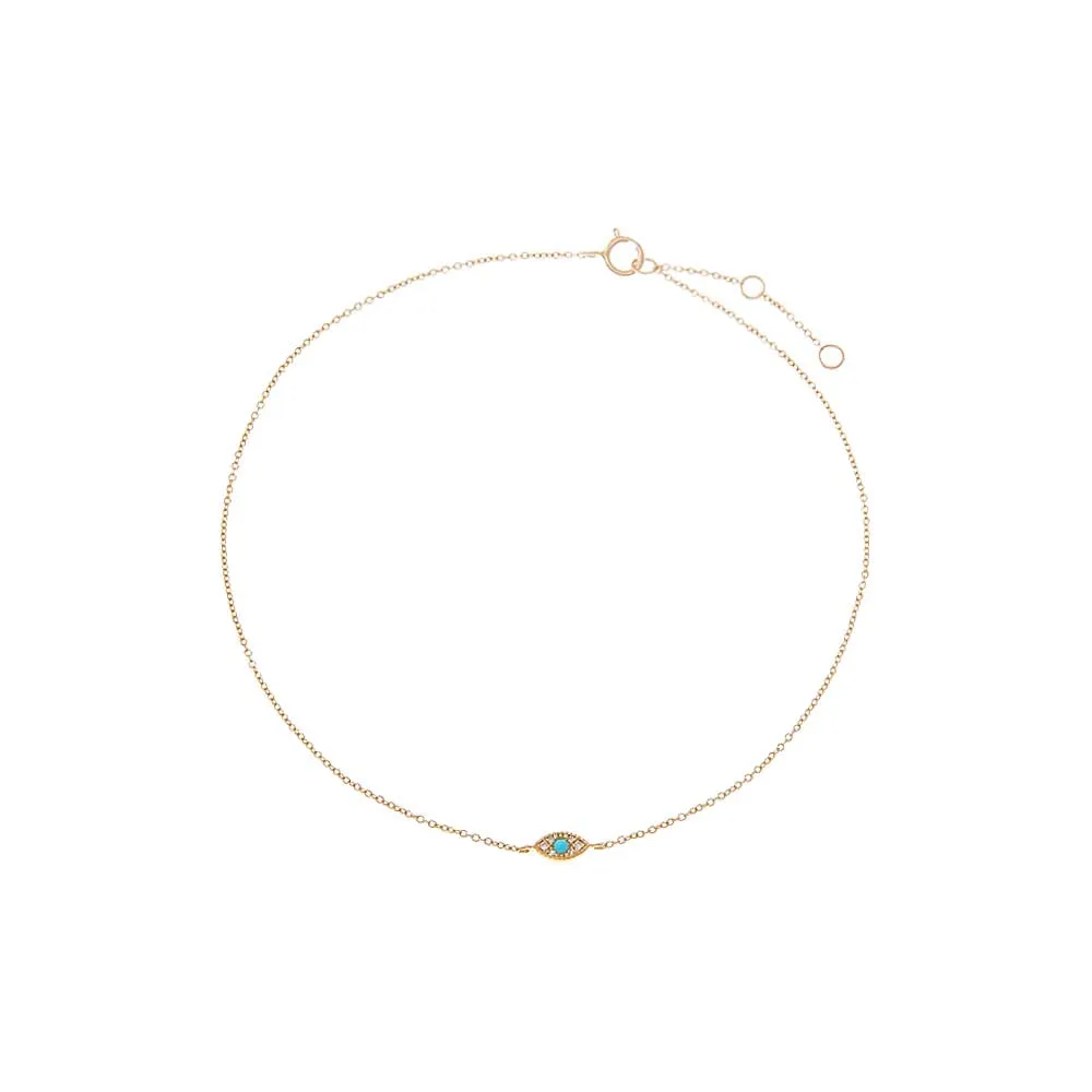 Diamond Pave X Turquoise Evil Eye Anklet 14K sold by Adina Eden's