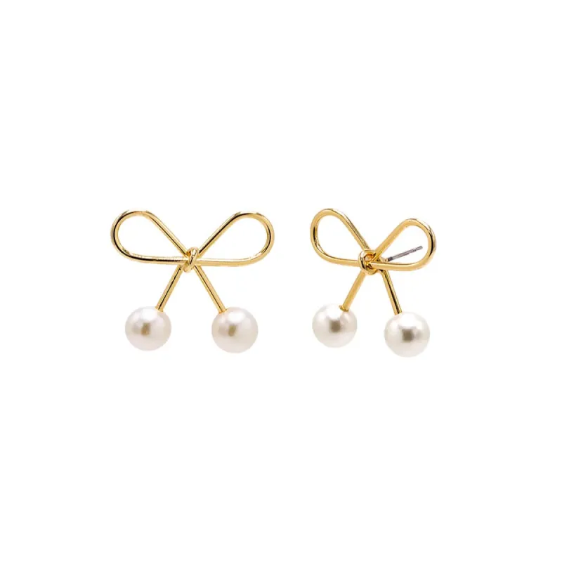 Bow Tie Double Pearl Stud Earring sold by Adina Eden's