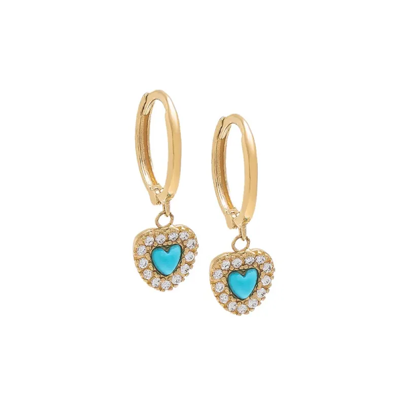 Dangling Pave Outline Turquoise Heart Huggie Earring 14K sold by Adina Eden's