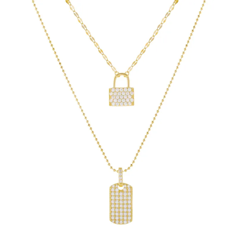 Pavé Lock X Dog Tag Layered Necklace sold by Adina Eden's