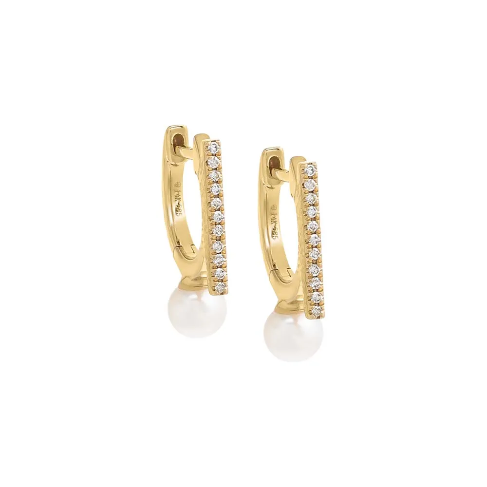 Diamond Pave Bar X Pearl Huggie Earring 14K sold by Adina Eden's
