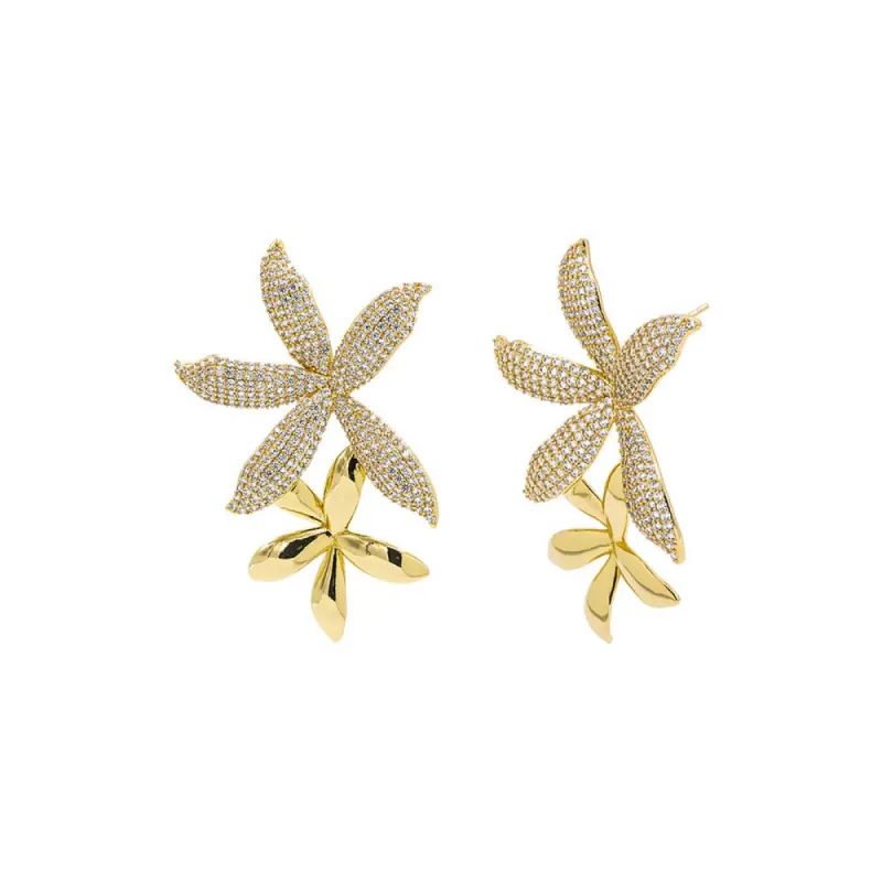 Solid/Pave Double Flower Drop Stud Earring sold by Adina Eden's