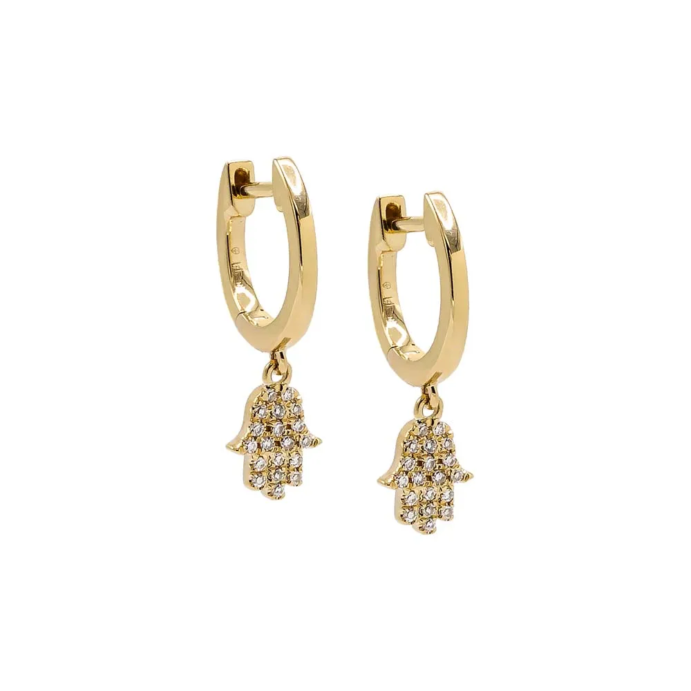 Diamond Dangling Hamsa Huggie Earring 14K sold by Adina Eden's