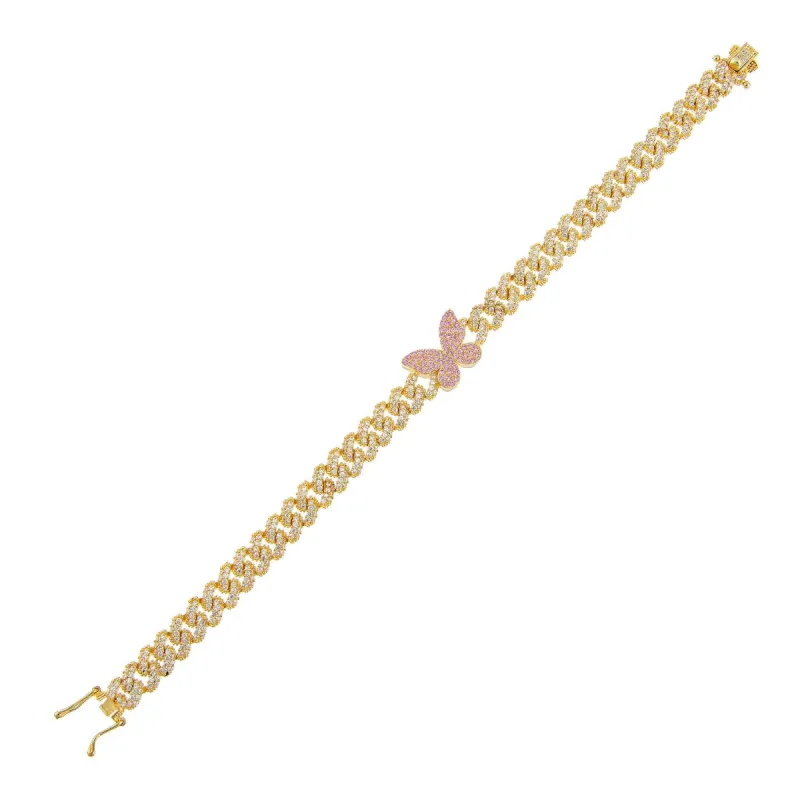 Pavé Pink Butterfly Chain Link Bracelet sold by Adina Eden's