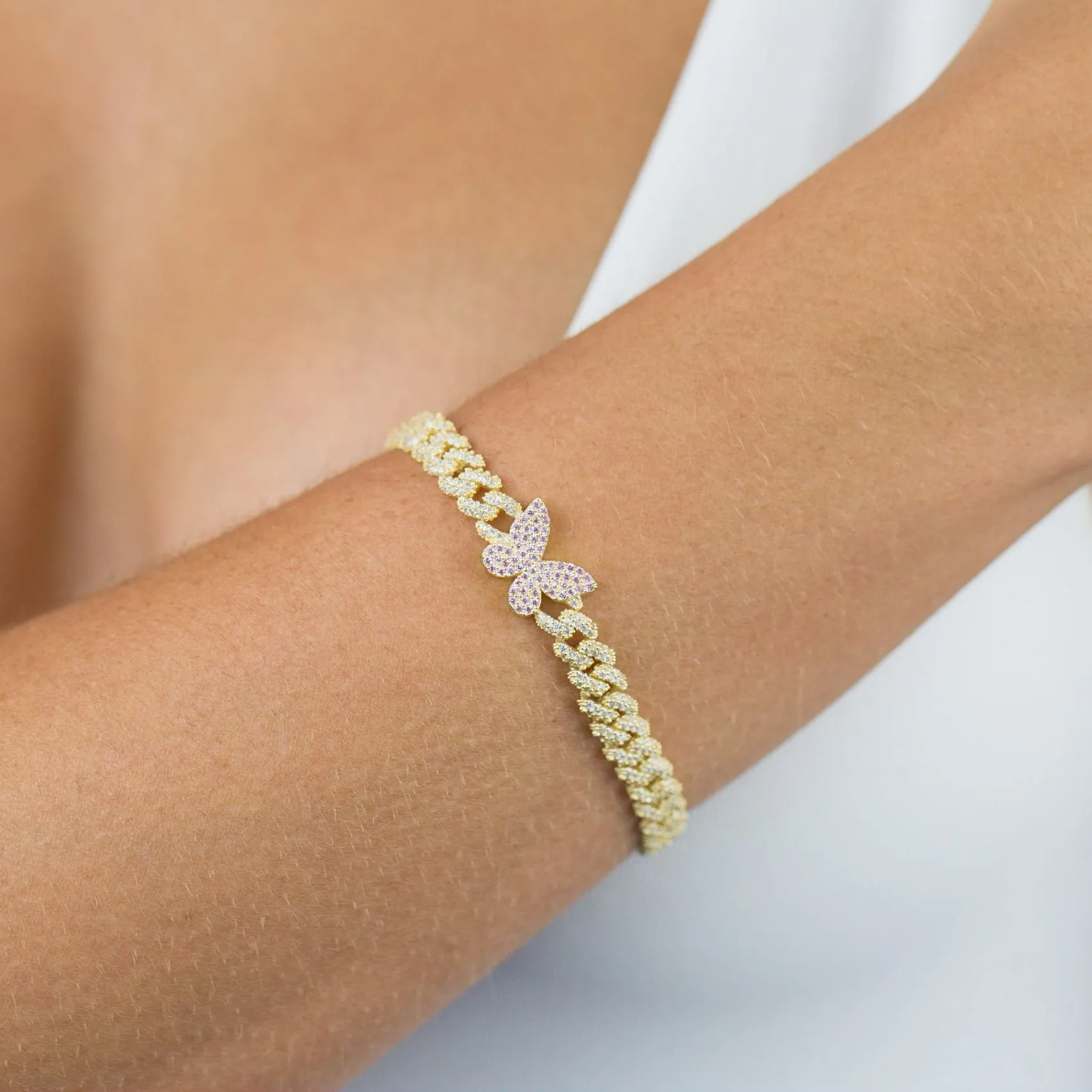 Pavé Pink Butterfly Chain Link Bracelet sold by Adina Eden's product image thumbnail 2