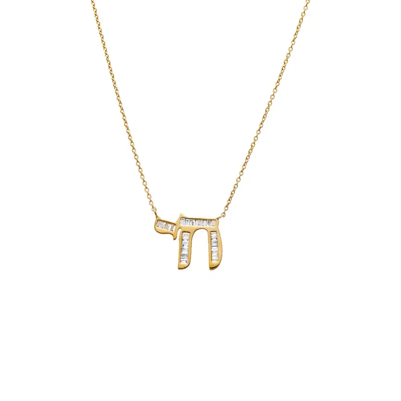 Diamond Baguette Chai Pendant Necklace 14K sold by Adina Eden's