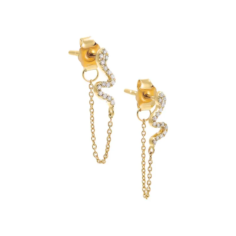 Diamond Pave Snake Front Back Chain Stud Earring 14K sold by Adina Eden's