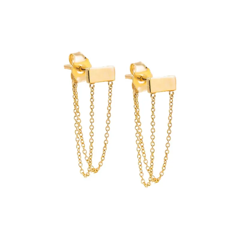 Tiny Solid Bar Double Chain Front Back Stud Earring 14K sold by Adina Eden's