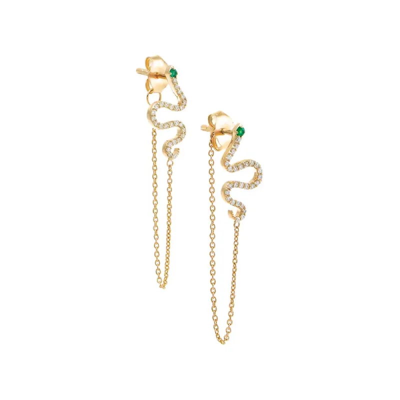 Diamond Pave Snake Drop Chain Stud Earring 14K sold by Adina Eden's