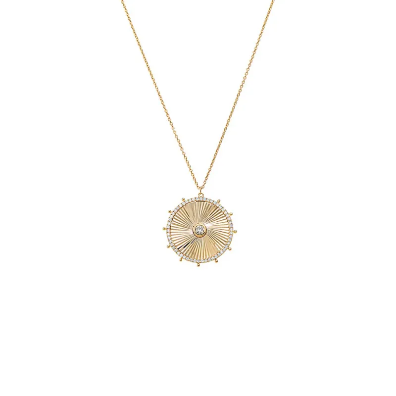 Diamond Bezel Ridged Disc Pendant Necklace 14K sold by Adina Eden's