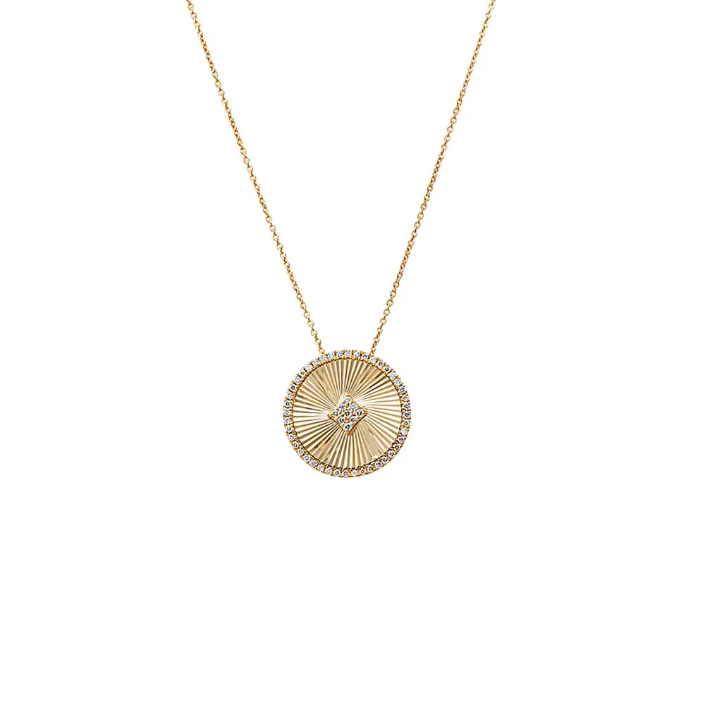Diamond Pave Accented Ridged Disc Pendant Necklace 14K sold by Adina Eden's