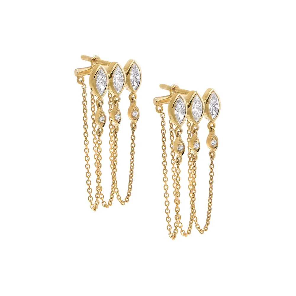 Lab Grown Diamond Triple Marquise Bezel Front Back Chain Stud Earring 14K sold by Adina Eden's