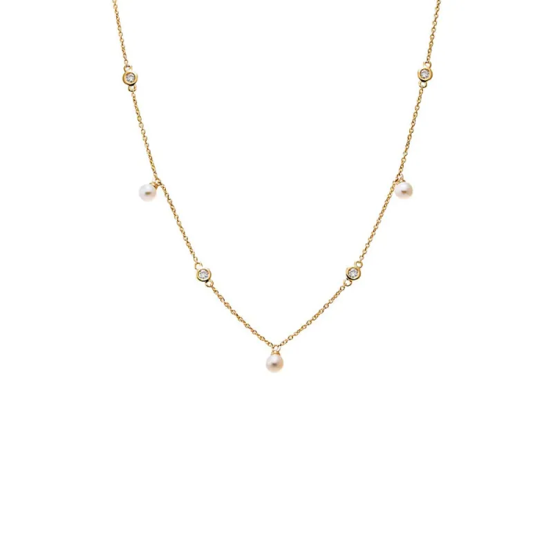 Diamond Bezel X Dangling Pearl Necklace 14K sold by Adina Eden's