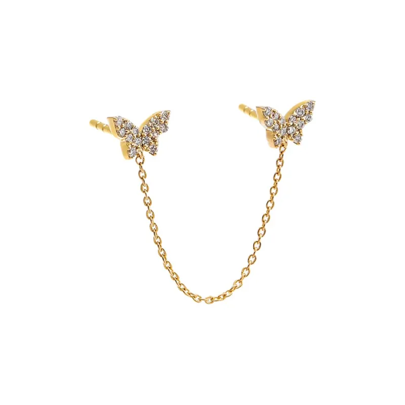 Diamond Pave Double Butterfly Chain Stud Earring 14K sold by Adina Eden's