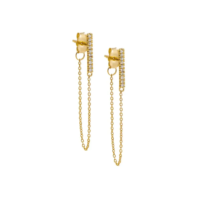 Diamond Pave Bar Front Back Chain Stud Earring 14K sold by Adina Eden's