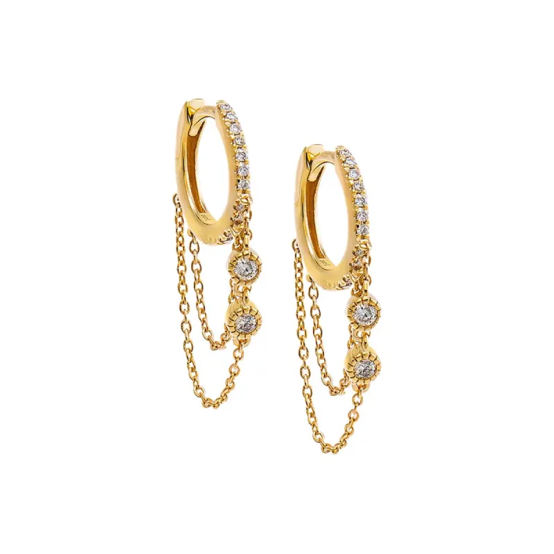 Double Diamond Solitaire Dangling Chain Huggie Earring 14K sold by Adina Eden's