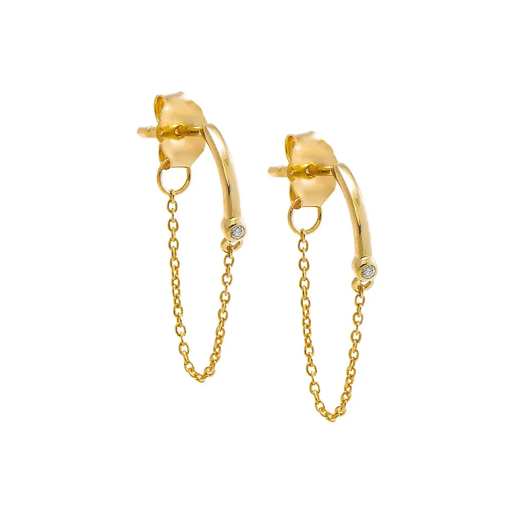 Diamond Bezel Curved Bar Front Back Chain Stud Earring 14K sold by Adina Eden's
