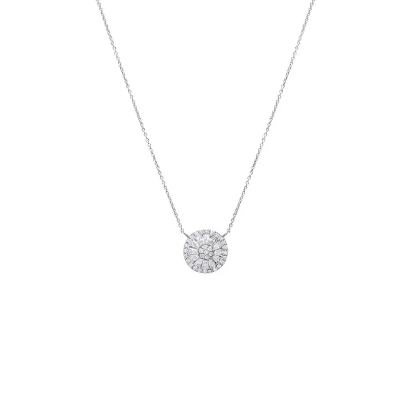 Lab Grown Diamond Pave X Baguette Round Pendant Necklace 14K sold by Adina Eden's