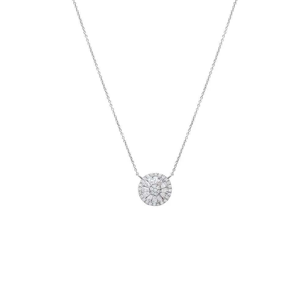 Lab Grown Diamond Pave X Baguette Round Pendant Necklace 14K sold by Adina Eden's