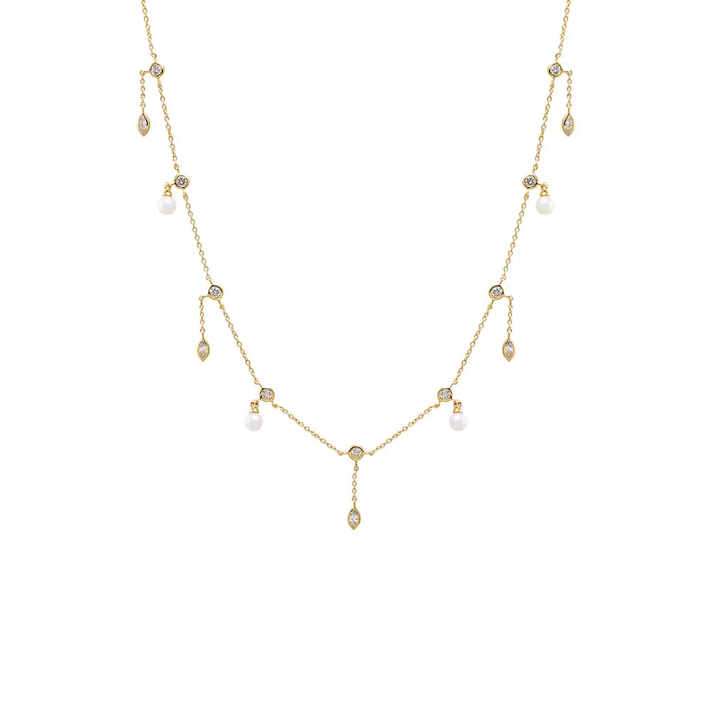 Diamond X Pearl Shaker Bezel Necklace 14K sold by Adina Eden's