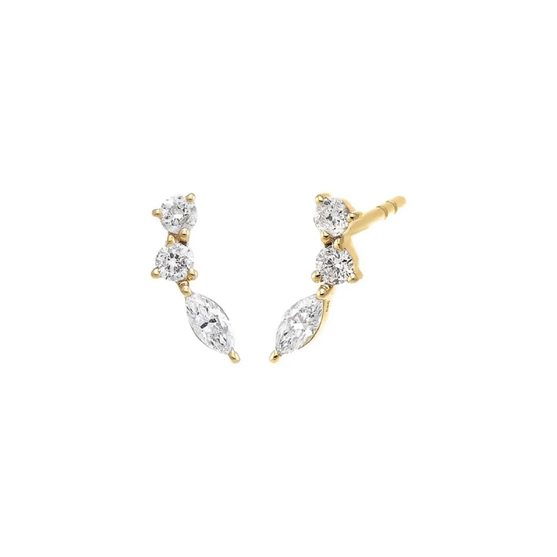 Diamond Triple Stone Curved Stud Earring 14K sold by Adina Eden's