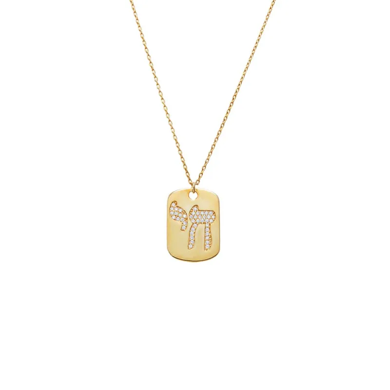 Pave Chai Dog Tag Pendant Necklace sold by Adina Eden's