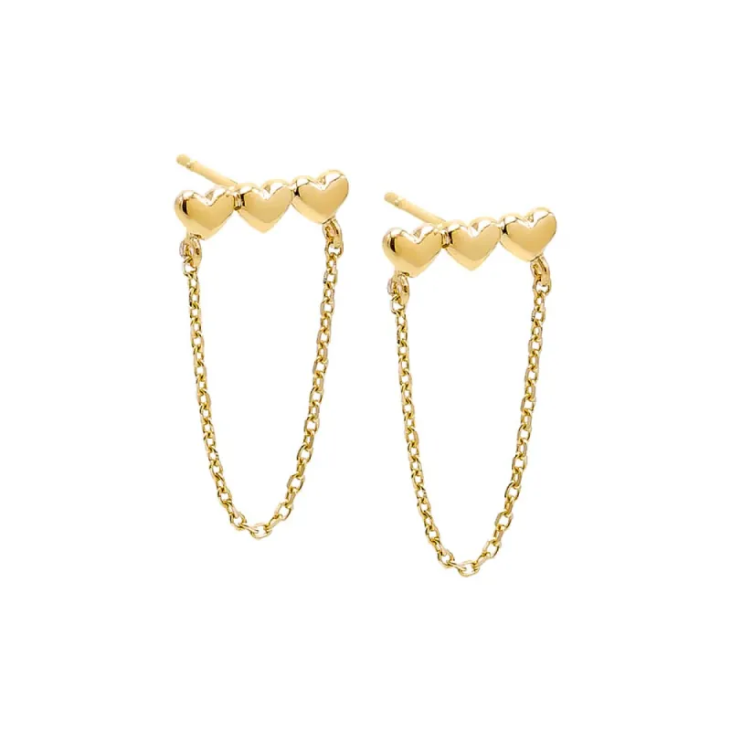 Solid Triple Heart Drop Chain Stud Earring 14K sold by Adina Eden's