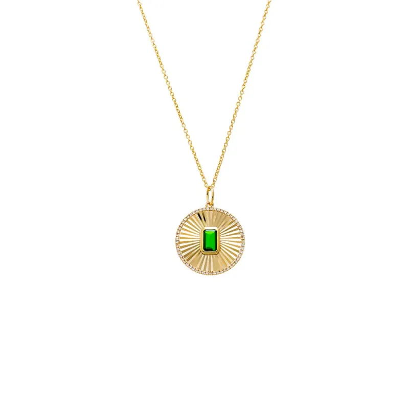 Diamond Pave Outline X Emerald Green Disc Necklace 14K sold by Adina Eden's