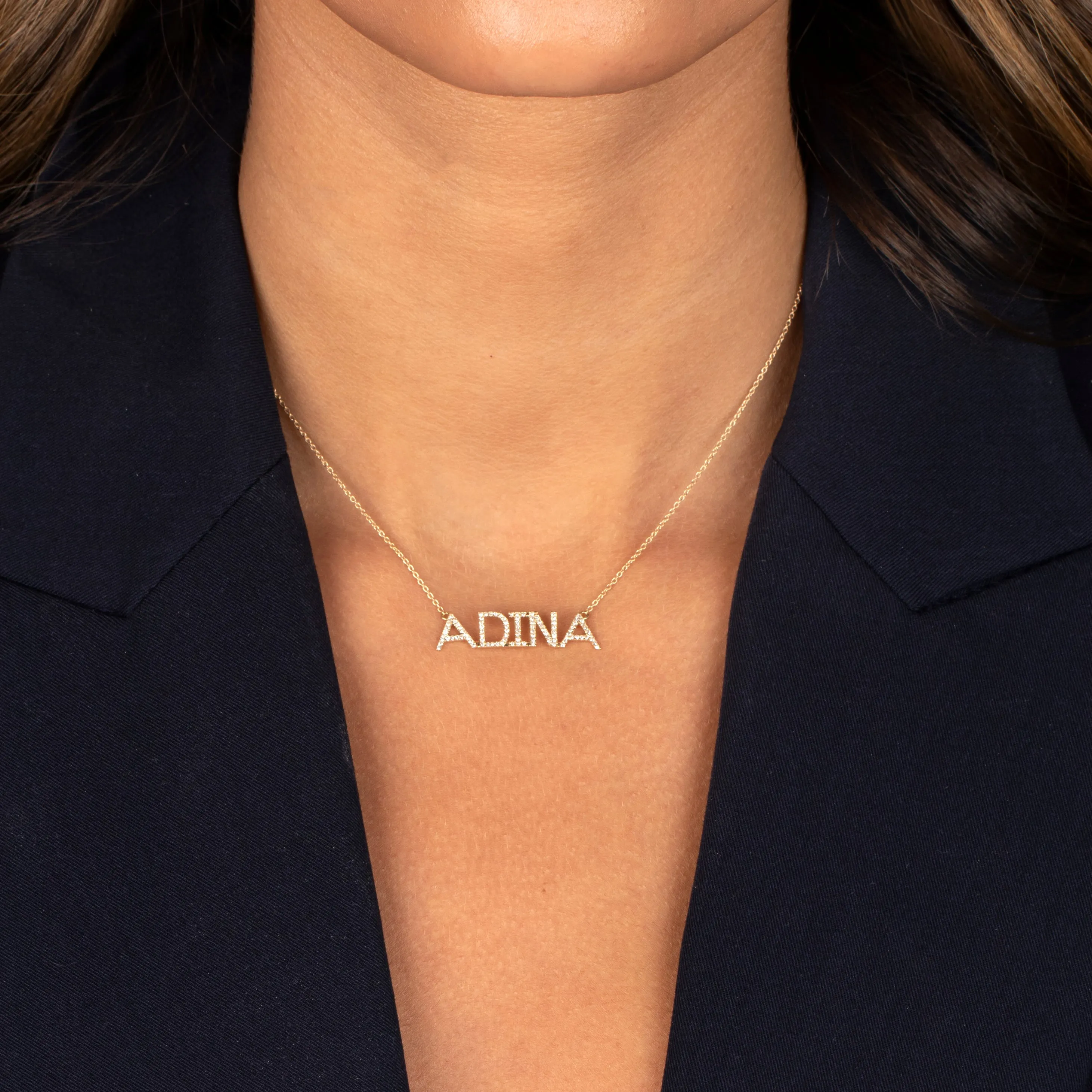 Diamond Large Uppercase Block Nameplate Necklace 14K sold by Adina Eden's product image thumbnail 2